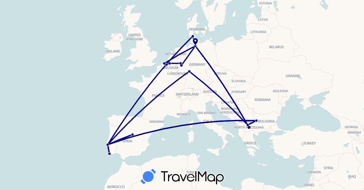TravelMap itinerary: driving in Belgium, Bulgaria, Germany, Spain, Macedonia, Portugal (Europe)
